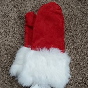 Red and White Suede Mittens with Rabbit Fur